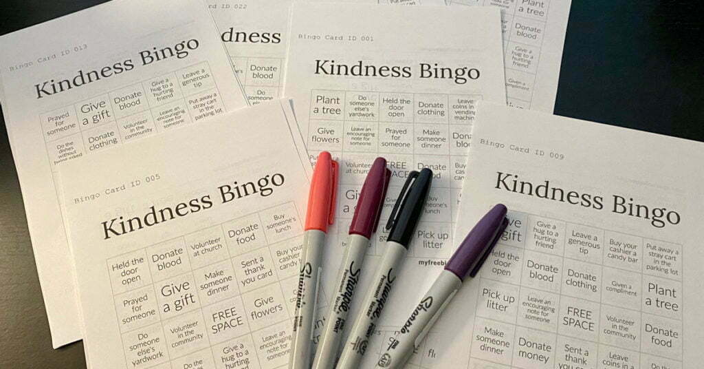 Kindness Bingo Challenge Activity Cards and Pens