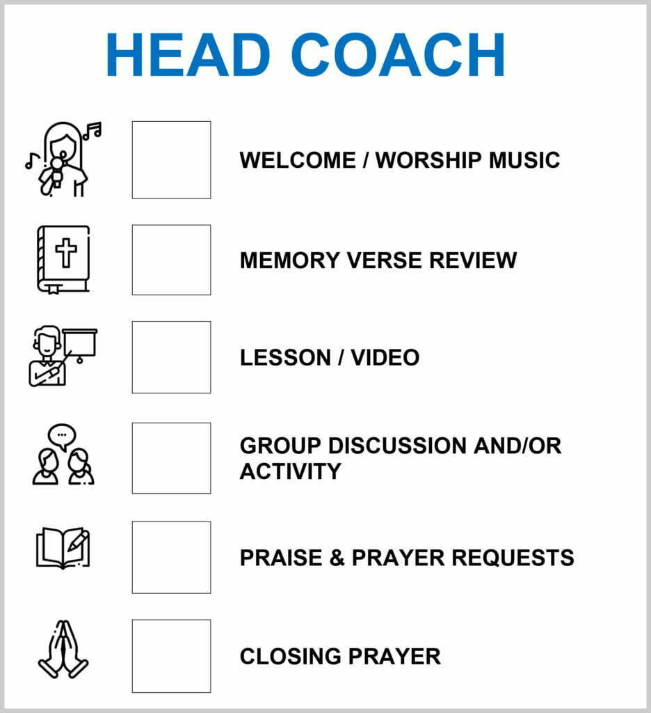 A checklist titled "Head Coach" with an example of a disability ministry classroom schedule.
