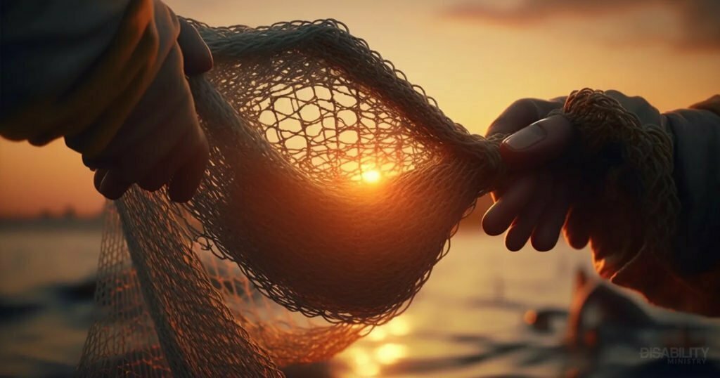 Two hands holding onto a fishing net with the ocean and sunset in the background.