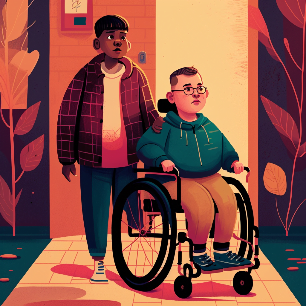 Illustration style image depicting an African American male standing behind a Caucasian male who is using a wheelchair.