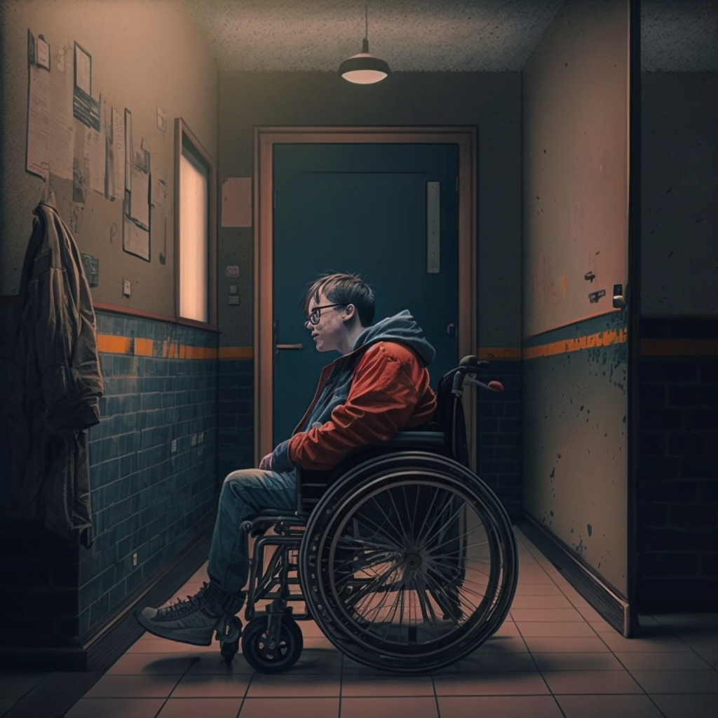 Ai generated image showing a teenage male in a wheelchair.  He is sitting in a dark hallway, isolated, facing a wall.