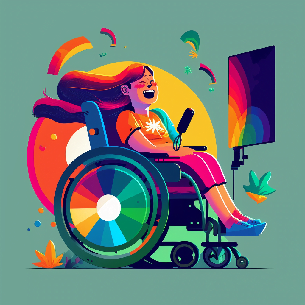 A fun and brightly colored illustration style image, generated by AI, depicting a young woman using a wheelchair.  She is facing a large digital monitor.