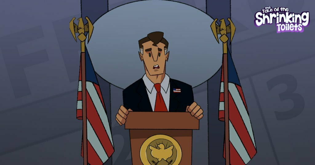 Cartoon image of a politician standing behind a podium.  On either side of the politician are United States flags. In the background is a faded calendar.