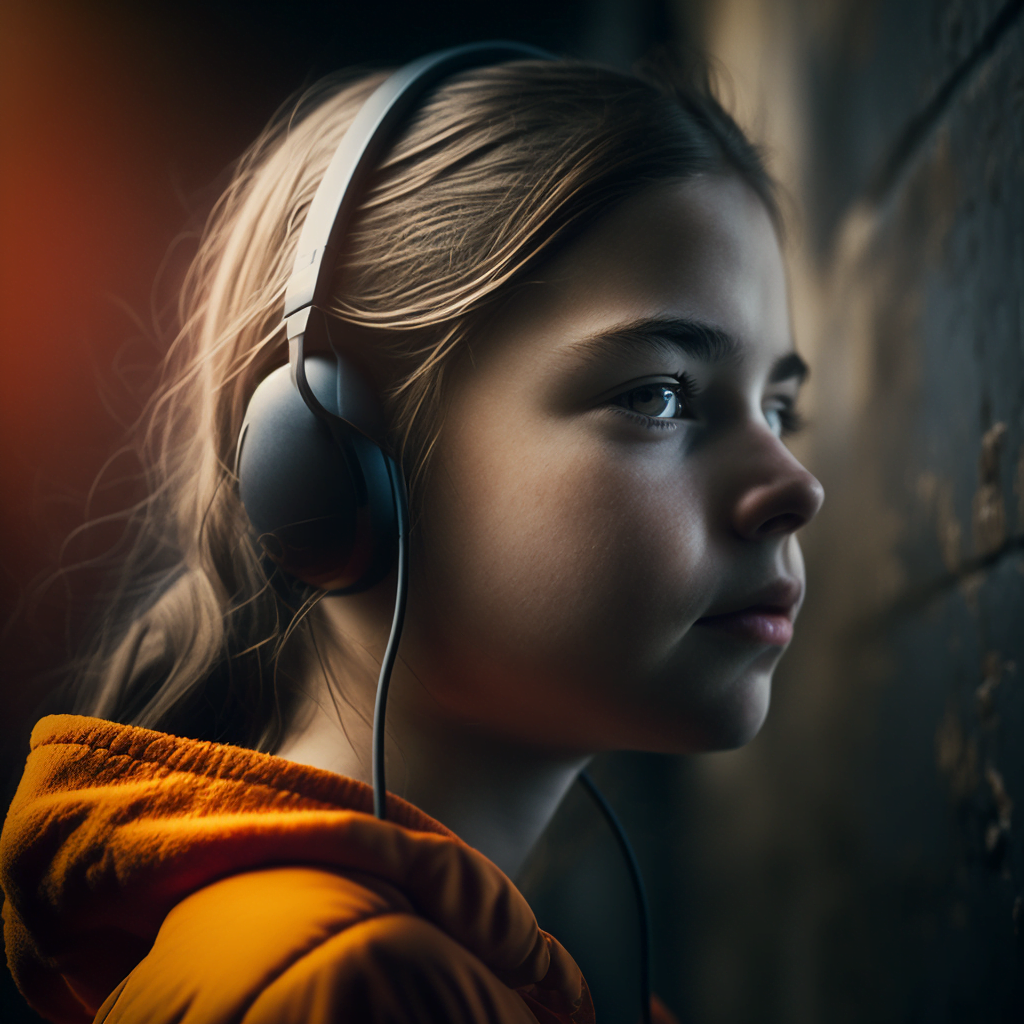 An AI generated digital image of a teenage girl wearing headphones.