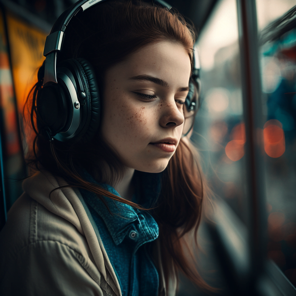 An AI generated digital image of a teenage girl wearing headphones.