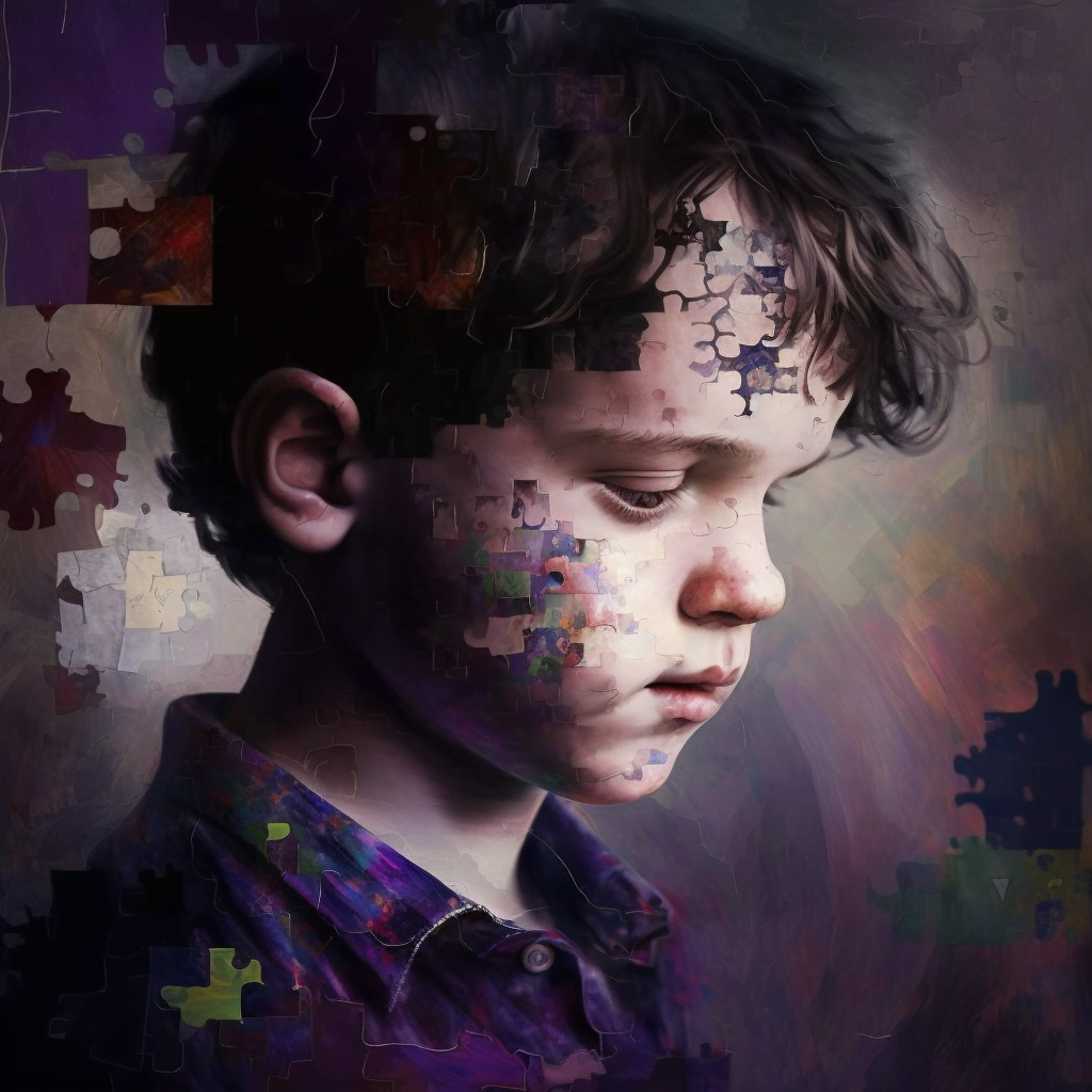 An AI generated digital painting style portrait of a young man with Autism.  The foreground, shirt, and background features portions of puzzle pieces.