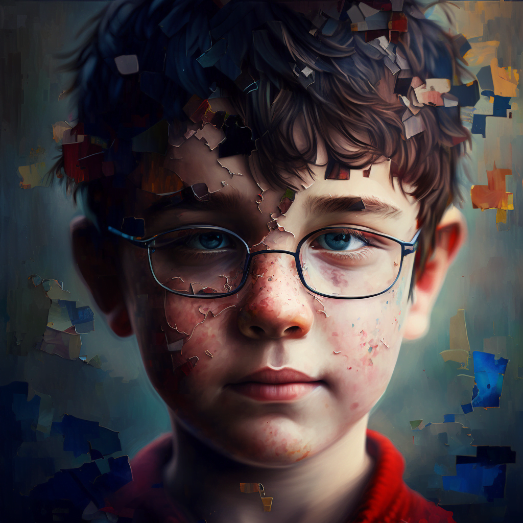 An AI generated digital painting style portrait of a young man with Autism.  The foreground, shirt, and background features portions of puzzle pieces.