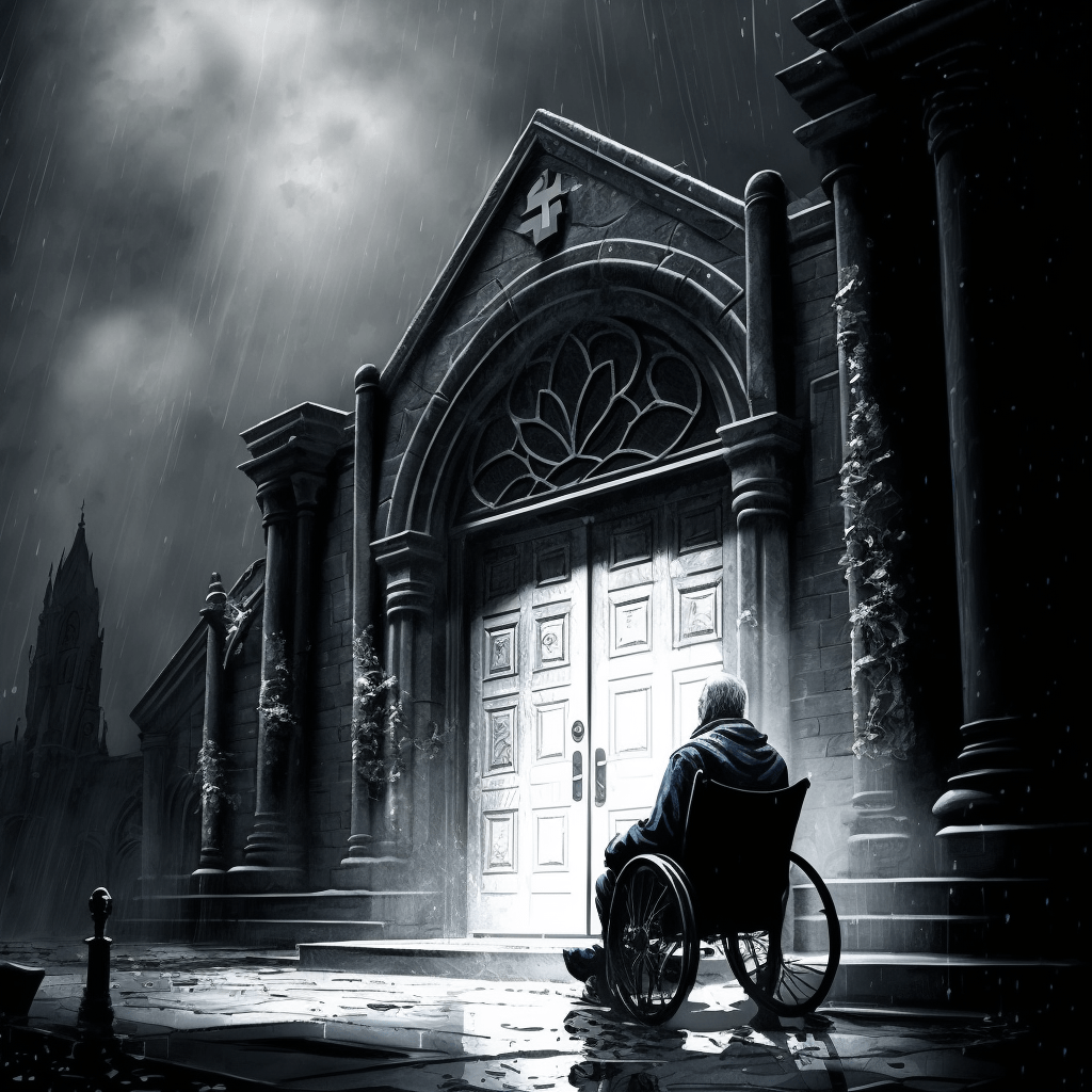 Dark and gloomy AI generated image showing an elderly man, using a wheelchair, sitting outside of a church entrance.  Facing him are steps leading to the main doors.