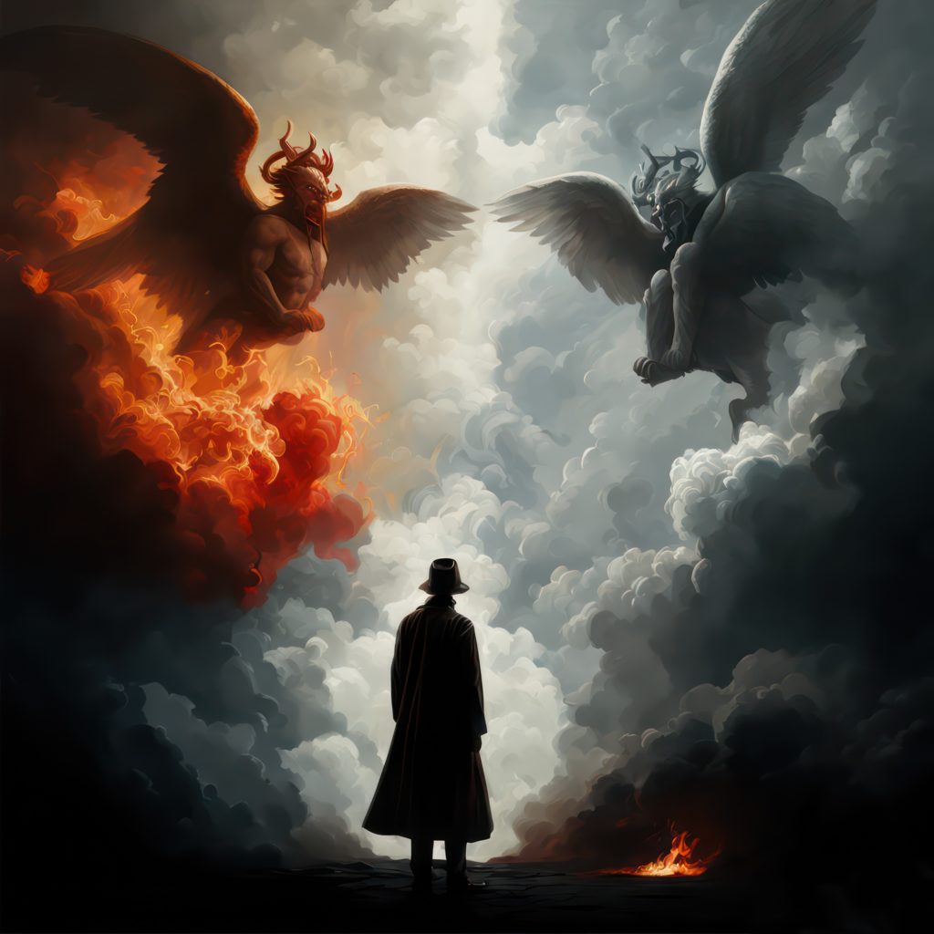 A man is standing in front of two demons engaged in The Unseen Battle.