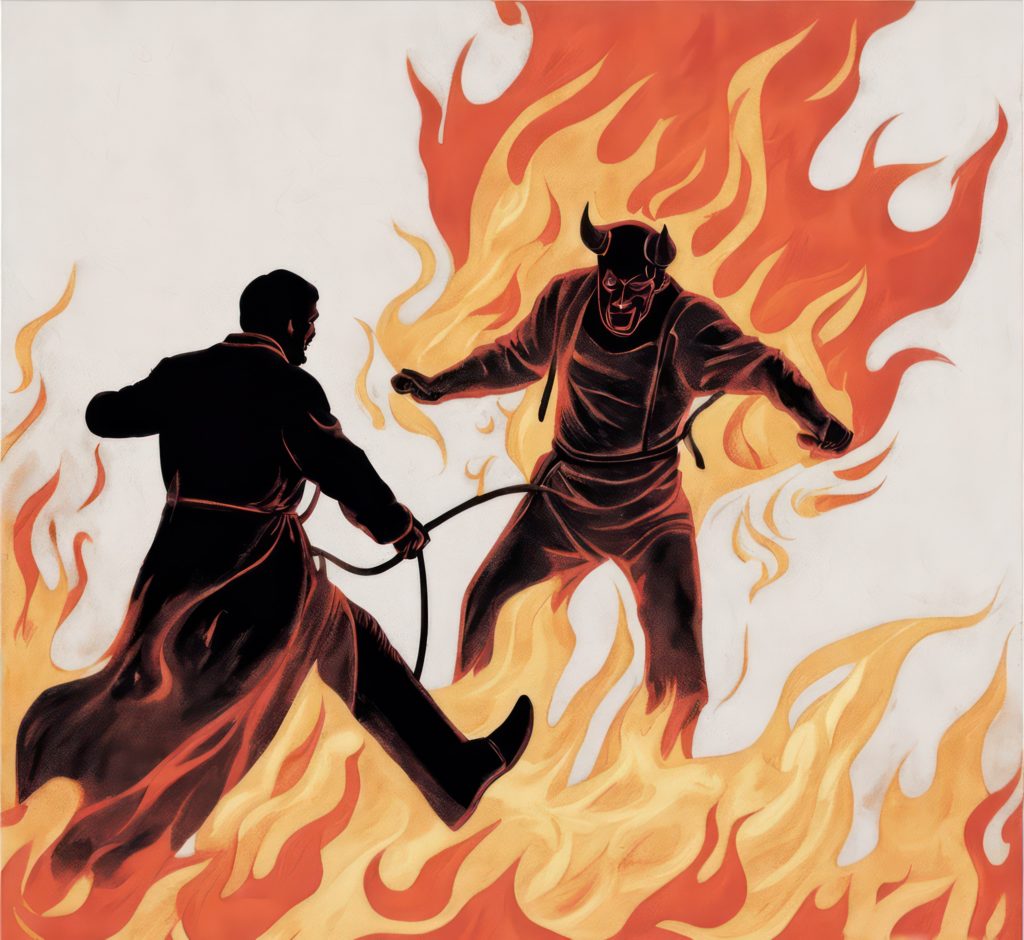 An illustration of a man and a devil engaged in an intense battle on fire.