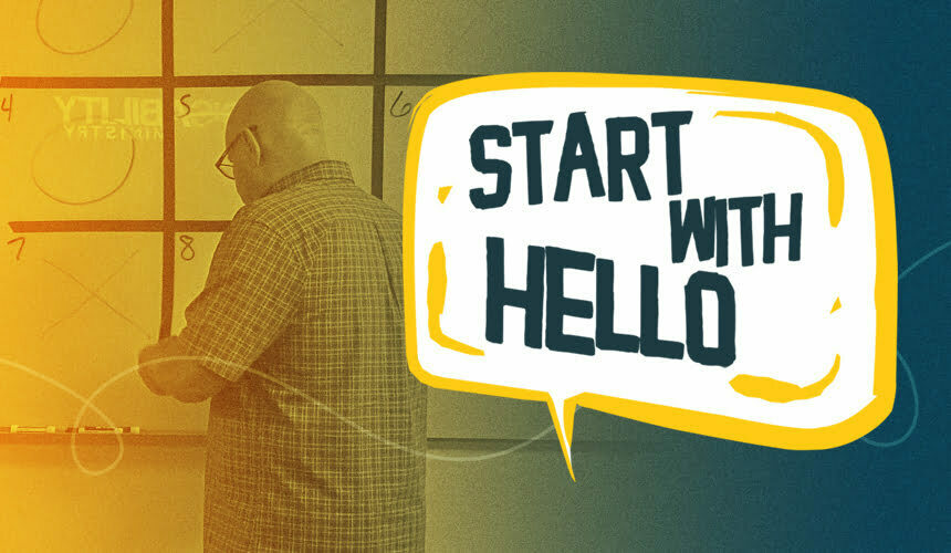 Start with hello logo with a man standing in front of a whiteboard and your ministry.