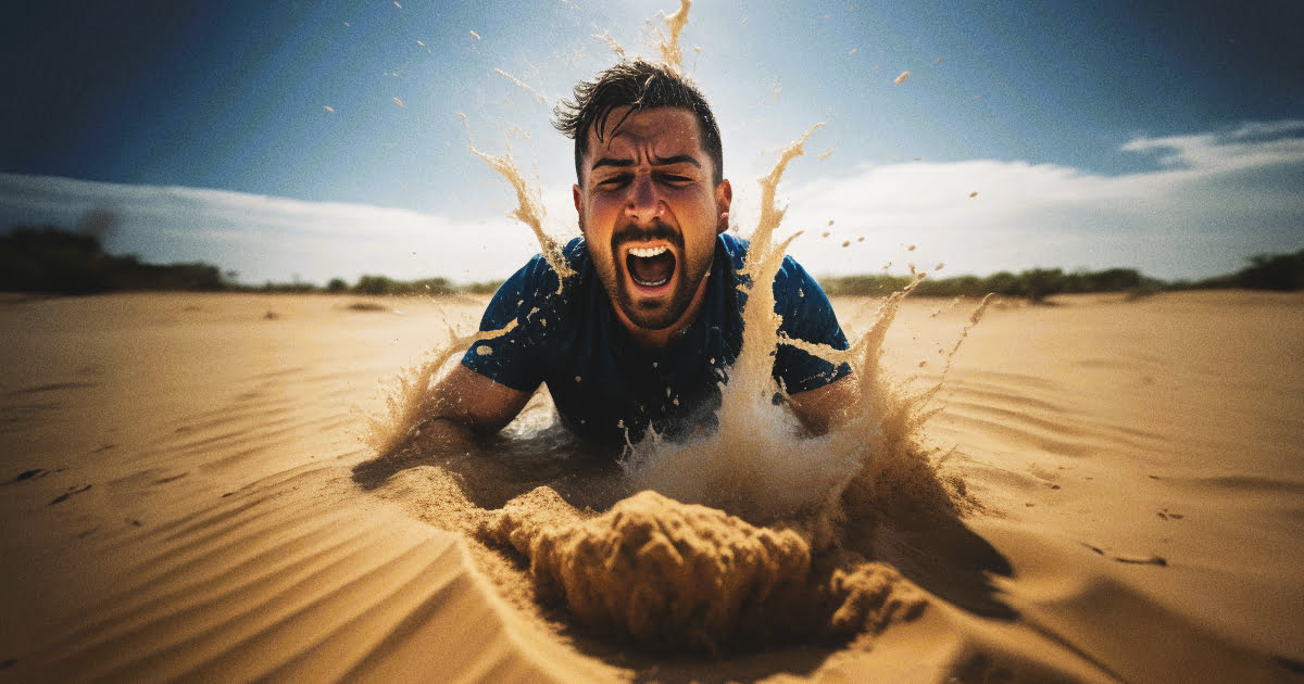 A man screaming while drowning in quicksand