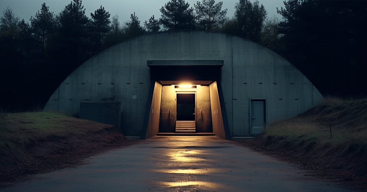 The entrance to a concrete bunker in the woods.