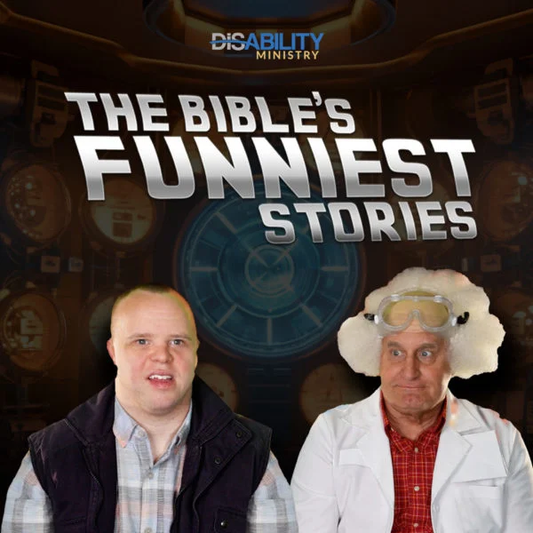 A young man with Down syndrome and an older man with a funny white wig and goggles are smiling. The text reads "The Bible's Funniest Stories"