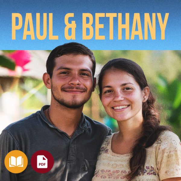 A young man and woman, standing close together, smile at the camera. The text above them reads "Paul & Bethany." Icons of a book and a PDF are displayed at the bottom. The background subtly features a reference to "The First Church of Mephibosheth," adding a touch of community spirit to their picture.