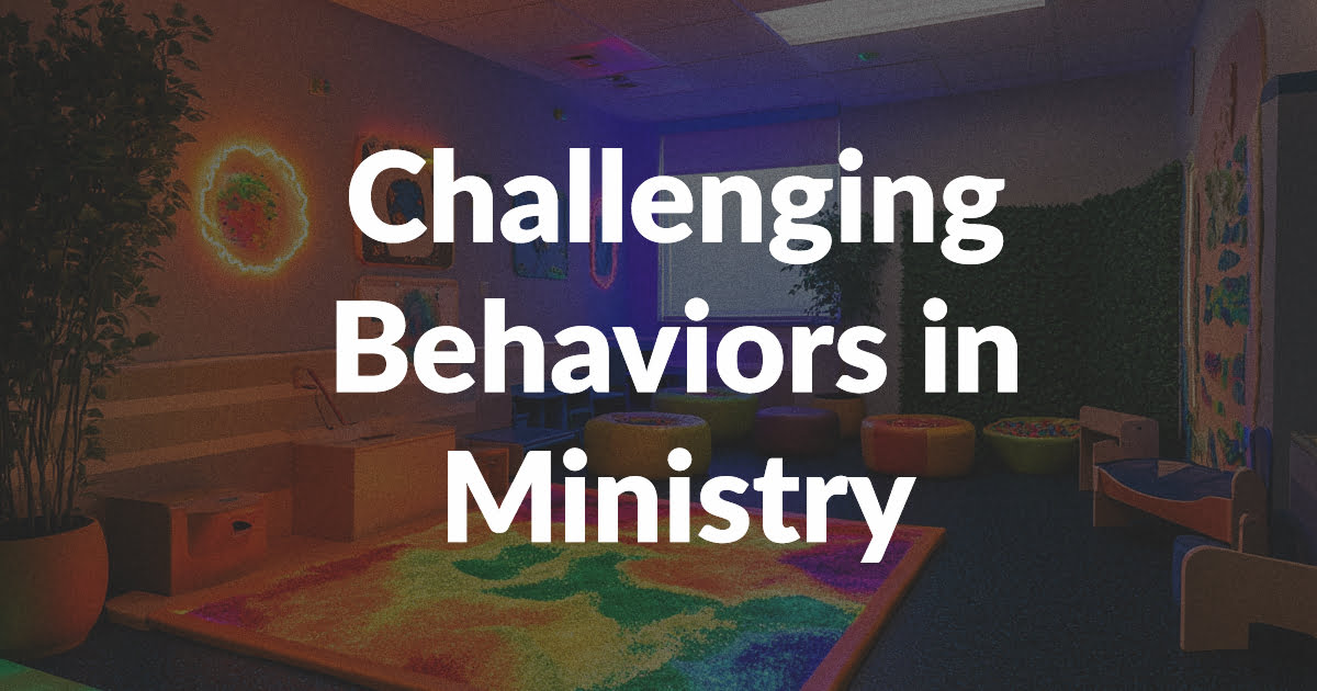 A room with colorful sensory equipment and plants, featuring bold white text over the image reading, Challenging Behaviors in Ministry for Children with Disabilities.