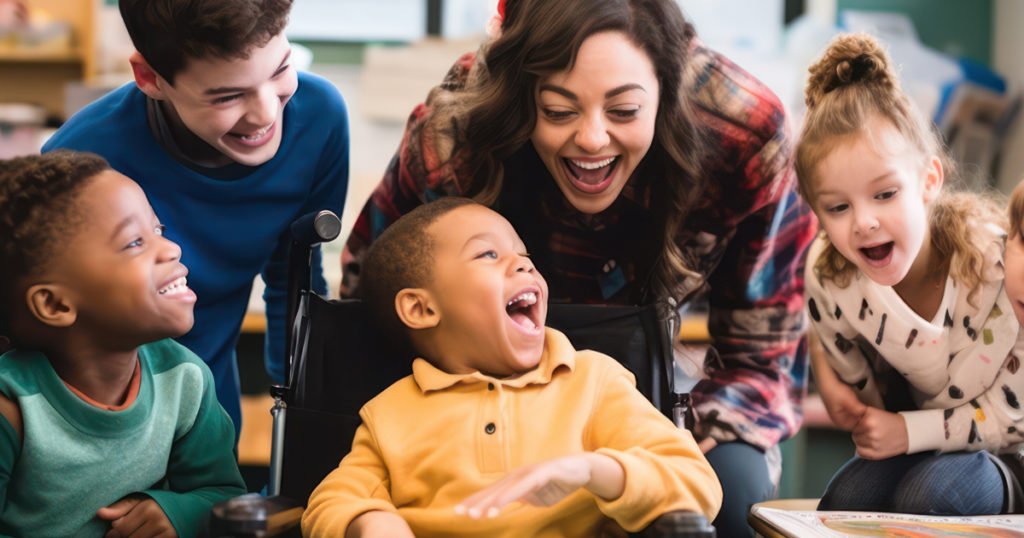 A welcoming group of children and an adult gather around a happy boy in a wheelchair, all smiling and laughing together in the classroom.