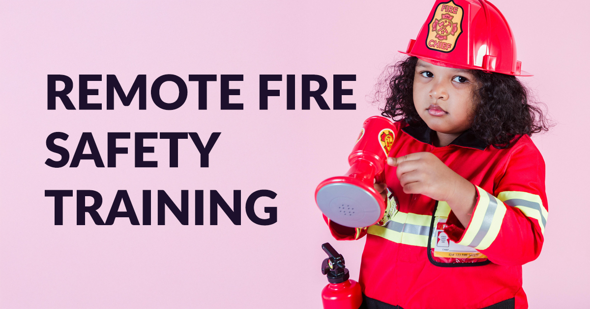 A child in a firefighter costume holds a megaphone, standing next to bold text reading Remote Fire Safety Training on a vibrant pink background—an inviting scene designed for engaging children and parents in learning fire safety together.