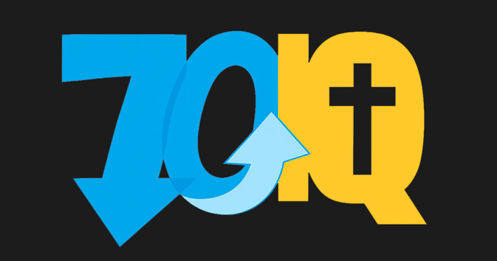 An info graphic with the number 70 next to the letters IQ. Inside of the letter Q is the shape of a cross.