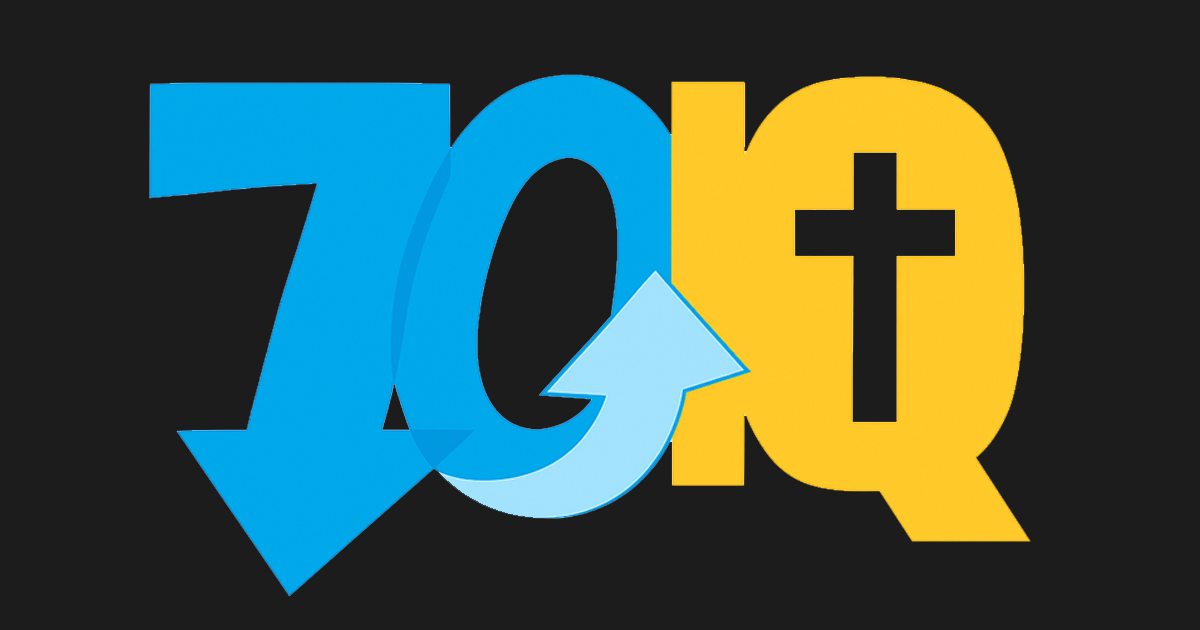 An info graphic with the number 70 next to the letters IQ. Inside of the letter Q is the shape of a cross.
