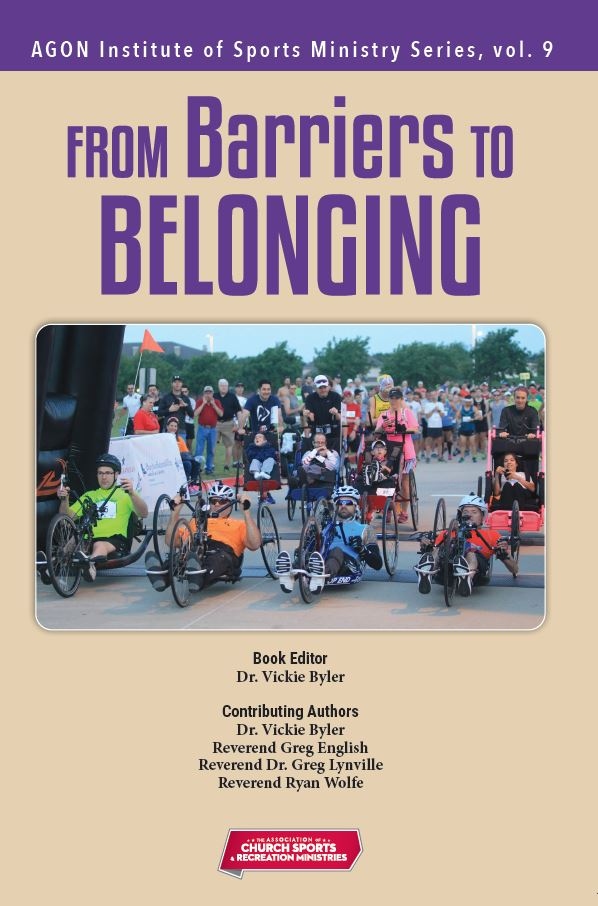 A vibrant scene shows a diverse group of people riding adaptive bicycles in a spirited race. The cyclists—of varied ages, backgrounds, and abilities—radiate determination and joy as they pedal together along an outdoor track lined with cheering supporters. In the background, sunlight highlights banners celebrating inclusion. Large bold text is overlaid across the sky: From Barriers to Belonging.