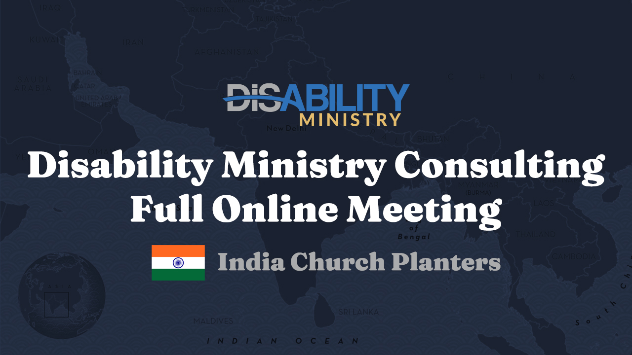 Disability Ministry Consulting online meeting for India church planters, showing a map background and the Indian flag.