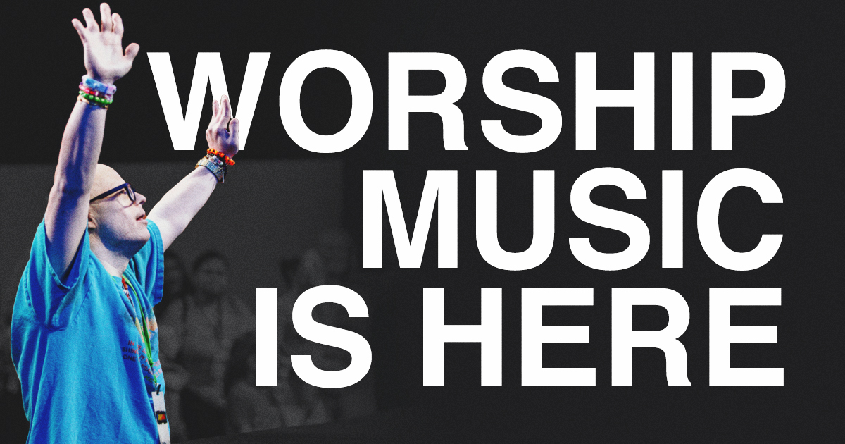 Person with raised arms in front of large text reading WORSHIP MUSIC IS HERE on a dark background, celebrating worship music and Ability Ministry.