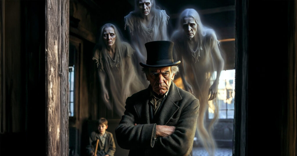 An elderly man in a top hat stands indoors, arms folded, as three ghostly figures drift behind him; Tiny Tim sits on the floor nearby.