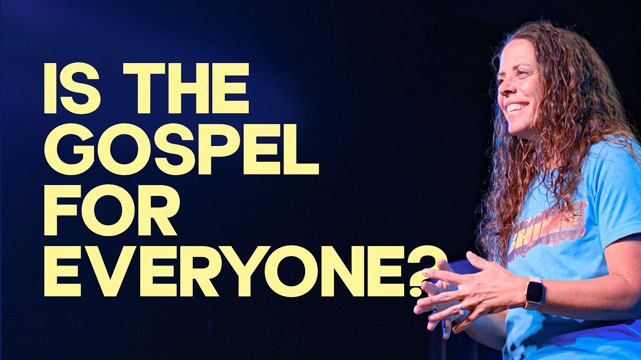 A woman smiles while speaking on stage during a Shine Sunday service next to the text, Is the gospel for everyone?.
